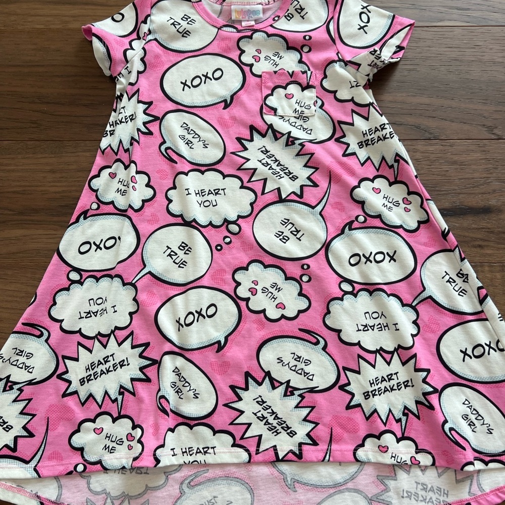 LuLaRoe Kids Dress in Pink and White Comic Print